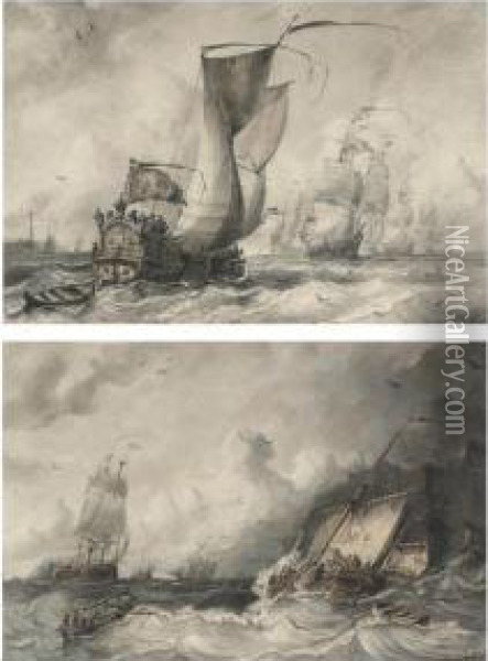 A Ceremonial 17th Century Yacht Awaiting The Return Of The Fleet;and A Pilot Accompanying A Dutch Fregat Near The Harbour Ofdover Oil Painting - Albert Van Beest