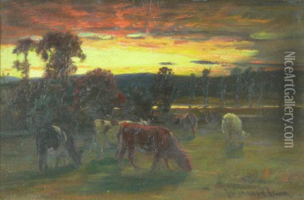 Cows Grazing At Sunset Oil Painting - Joseph Denovan Adam