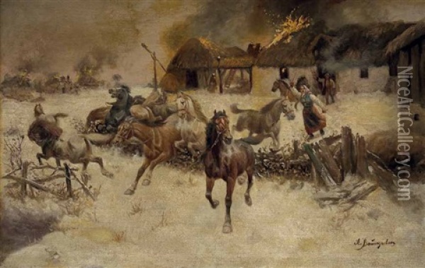 Brennendes Bauerngehoft Mit Fliehenden Pferden Oil Painting - Adolf (Constantin) Baumgartner-Stoiloff