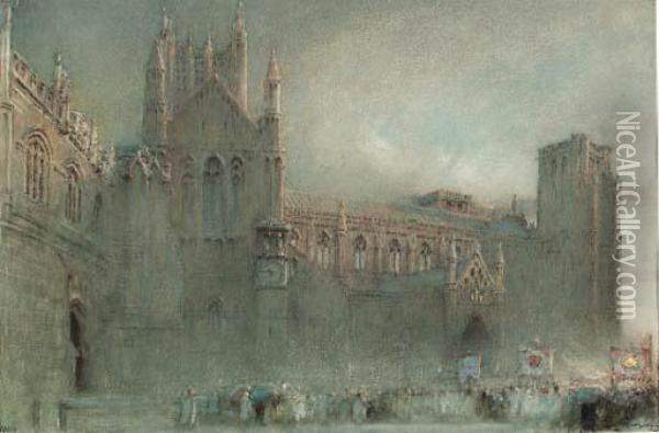 A Procession By The North Porch Of Wells Cathedral, Somerset Oil Painting - Albert Goodwin