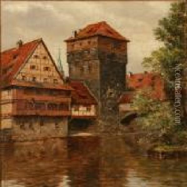 Canal Scene From Nuremberg In Germany Oil Painting - August Fischer