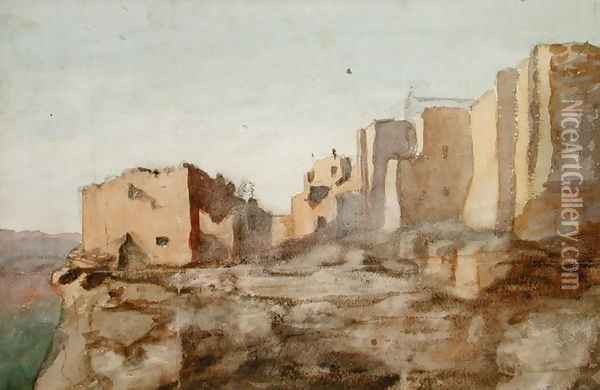 Moqui Village Cliff Dwellings, Arizona, 1869-71 Oil Painting - Vincent Colyer