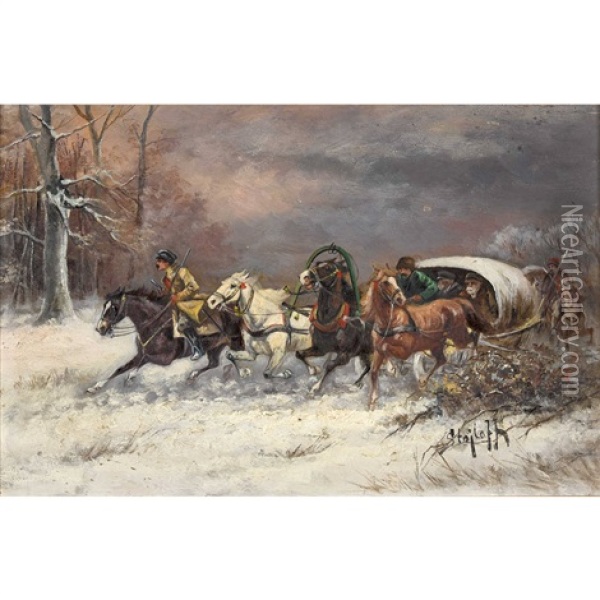 Winterlandschaft Mit Galoppierenden Kosaken Und Troika Oil Painting - Adolf (Constantin) Baumgartner-Stoiloff
