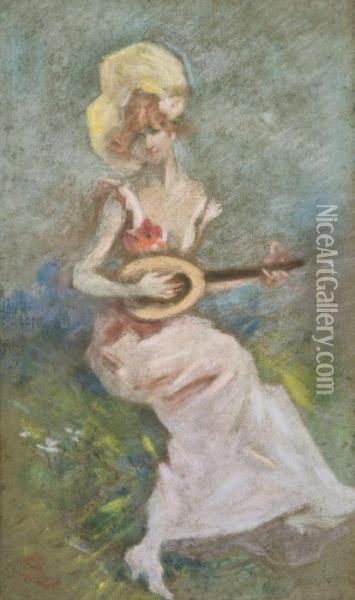 Jeune Fille A La Mandoline Oil Painting - Jules Cheret