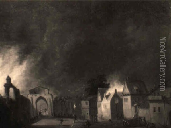 Nachtliche Feuersbrunst In Einer Stadt Oil Painting - Basilius Grundmann