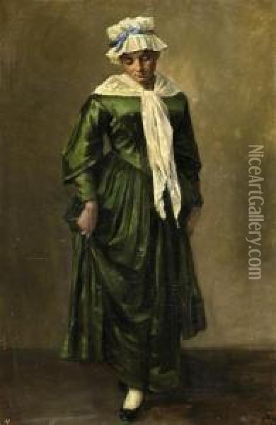 Portrait Of A Young Lady With Green Robe, Her Dark Hair Covered By A White Mobcap Oil Painting - Klara Wagner-Grosch