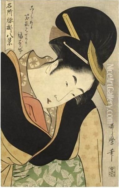'Futokorode' (Hands Inside The Kimono) From The Series 'Meisho Koshikake Hakkei' Oil Painting - Kitagawa Utamaro