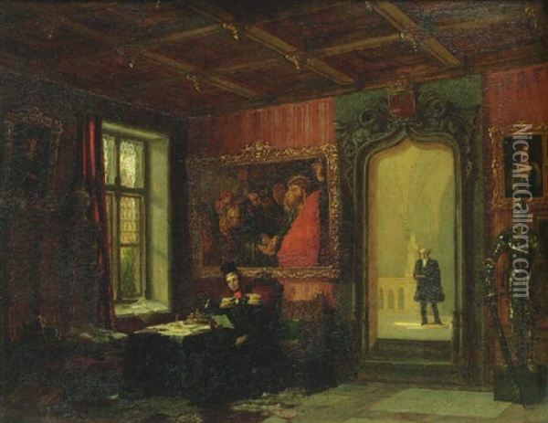 King Willem Ii Of The Netherlands Seated In His Study At The Palace Kneuterdijk, The Hague, With His Comptroller Victor Amadeo Trossarello Standing In The Doorway Oil Painting - Augustus Wijnantz