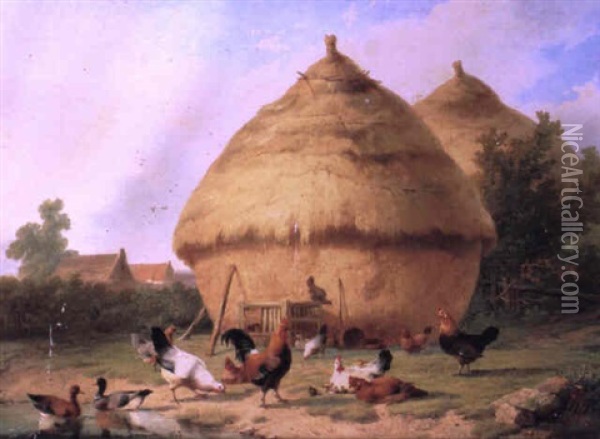 Poultry Before Haystacks In A Landscape Oil Painting - Cornelis van Leemputten