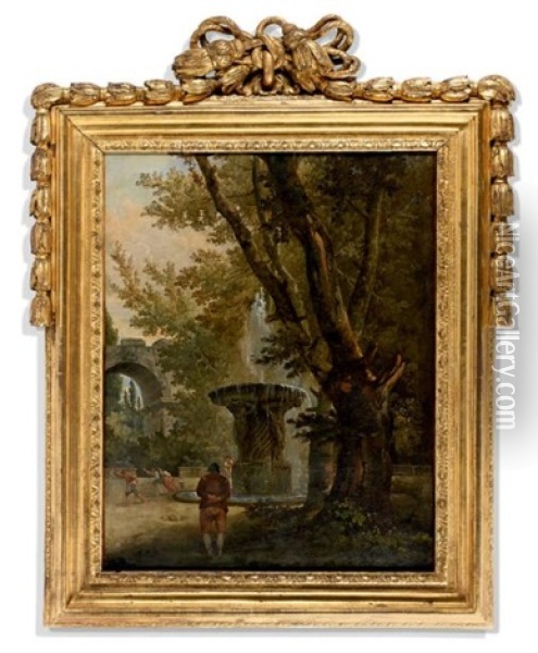 Personnage De Dos Contemplant Une Fontaine Oil Painting - Hubert Robert