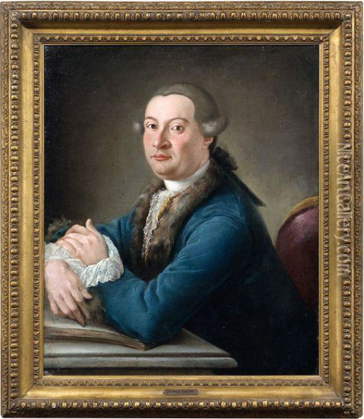 Bildnis Eines Herren Im Blauen, Pelzbesetzten Rock Am Schreibtisch Oil Painting - Johann Heinrich The Elder Tischbein