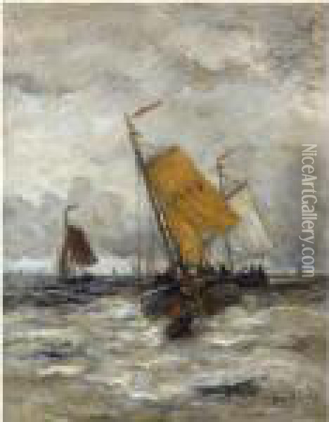 Fishing Boats On A Stormy Sea Oil Painting - Hendrik Willem Mesdag