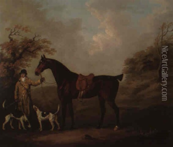 A Huntsman, A Saddled Hunter And Hounds In A Landscape Oil Painting - John Nost Sartorius