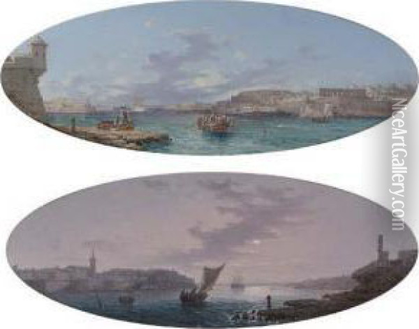 Midday, Valletta Harbour, Malta; And Evening, Vallettaharbour Oil Painting - Giovanni Giani
