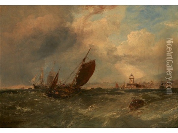 Fishing Boats Off Granton Harbour, Edinburgh Oil Painting - Edwin Hayes