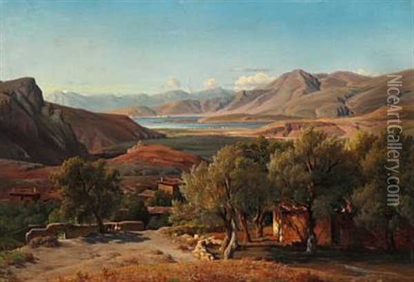 Italian Landscape With Houses And Old Olive Trees Oil Painting - Ludwig Heinrich Theodor (Louis) Gurlitt