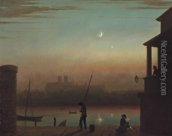 View Of Westminster From Accross The River Thames At Dusk, With Figures In The Foreground Oil Painting - Nathan Theodore Fielding