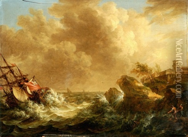 Kustenlandschaft Bei Sturm, Mit Kenterndem Segelschiff Oil Painting - Johann Caspar Huber