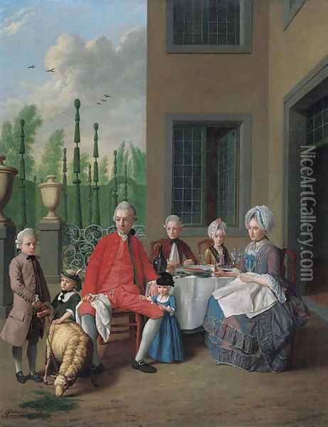 Group portrait of the van den Bosch family, dining by a house, a topiary garden beyond Oil Painting - Jan Jozef, the Younger Horemans