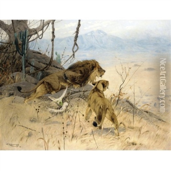 Lowe Und Lowin Erspahen Eine Zebraherde (lion And Lioness Stalking A Zebra Herd) Oil Painting - Wilhelm Friedrich Kuhnert