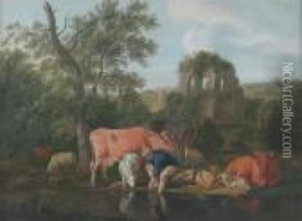Le Petit Troupeau; La Propriet Pastorale Oil Painting - Dirk van Bergen
