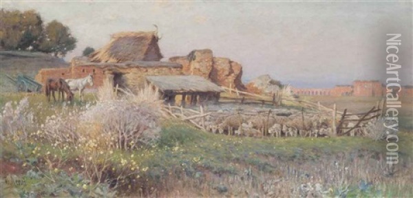 A Sheep Farm On The Roman Campagna, A Ruined Aqueduct Beyond Oil Painting - Franz Theodor Aerni