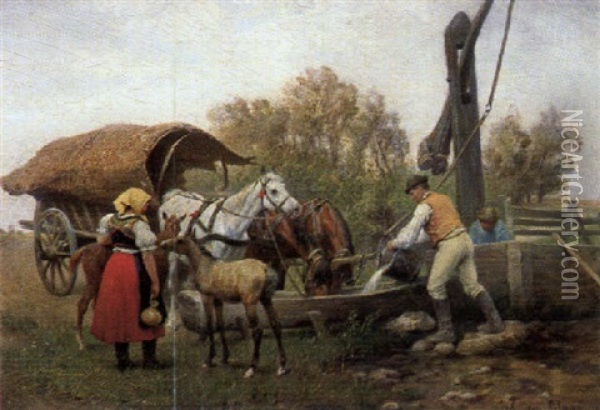 Ungarische Bauern Am Ziehbrunnen Beim Tranken Der Pferde Oil Painting - Julius von Blaas