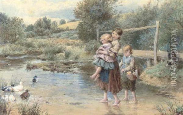 Children Paddling Oil Painting - Myles Birket Foster