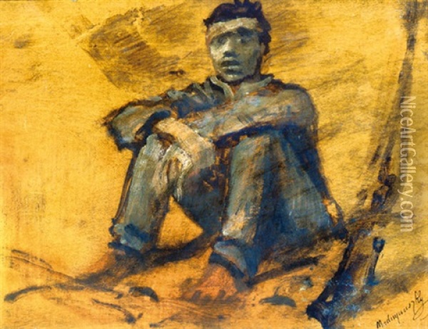 Resting Soldier (+ Prostrated Soldier, Verso) Oil Painting - Laszlo Mednyanszky