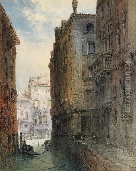 A Venetian Canal Scene With A Gondola And Figures In The Foreground Oil Painting - William Callow