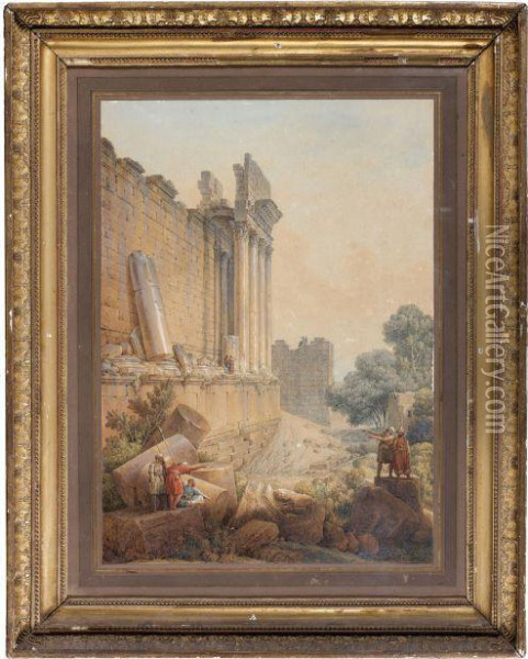 Vue Du Temple De Baalbek Animee De Soldats Turcs Oil Painting - Louis Francois Cassas