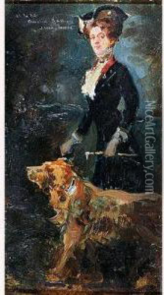 Retrato De Dama Con Perro Oil Painting - Julio Vila y Prades