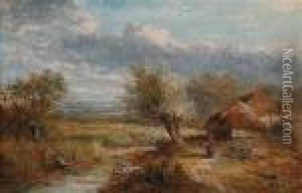 Summer Landscape With Farm Cottages By A Stream Oil Painting - Abraham Hulk Jun.