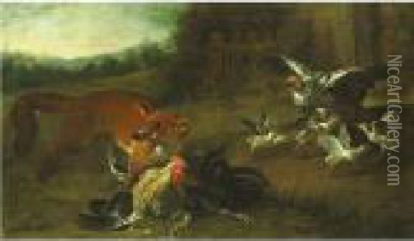 Fox Attacking Chickens Oil Painting - Pieter III Casteels
