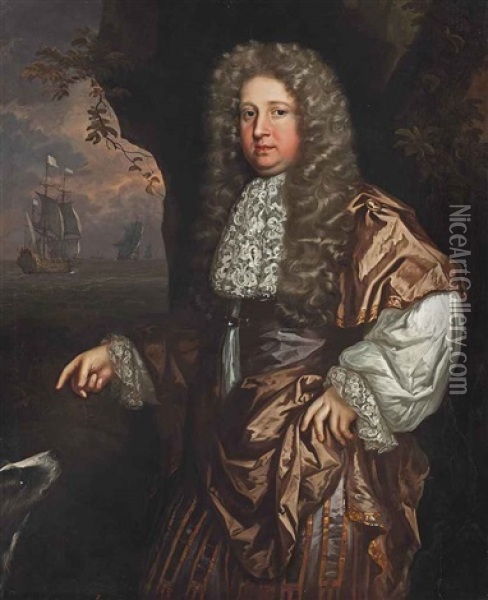 Portrait Of John Wood In A Brown Coat And Lace Stocking, A Dog At His Side, Ships From The Honourable East India Company Beyond Oil Painting - John Greenhill