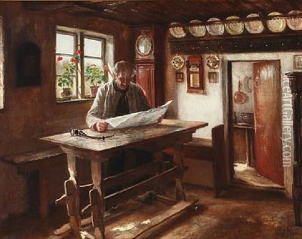 Country Interior With A Man Reading The Newspaper Oil Painting - Anne Marie Hansen