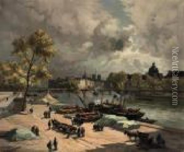 Port St. Nicolas, Bords De Seine: On A Quay Along The Seine,paris Oil Painting - Henri Alphonse Barnoin