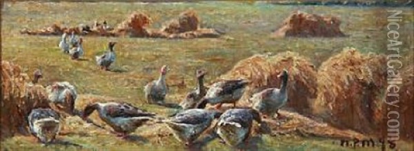 Geese On A Field Oil Painting - Niels Pedersen Mols