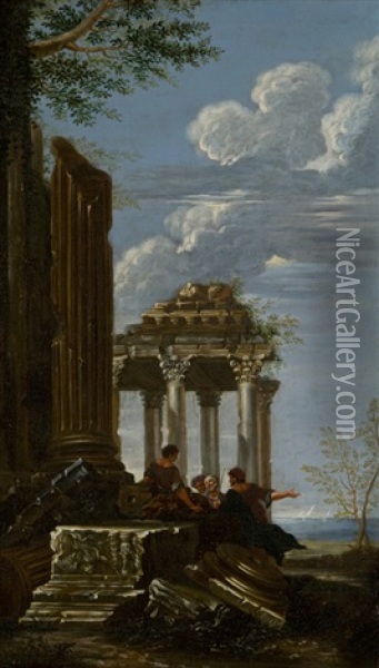 Capriccio Architettonico Con Rovine Antiche (+ Another; Pair) Oil Painting - Giovanni Ghisolfi