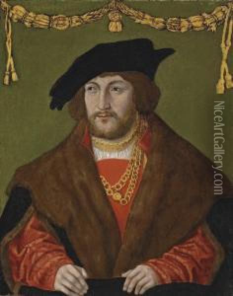 Portrait Of A Gentleman, Bust-length, In A Red Doublet With A Brown Fur Cloak, A Gold Chain And A Black Cap Oil Painting - Hans Wertinger