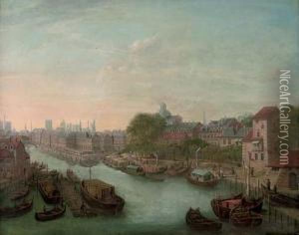 View Of A European City, With Boats On A Canal Oil Painting - Dominicus Gottfried Waerdigh