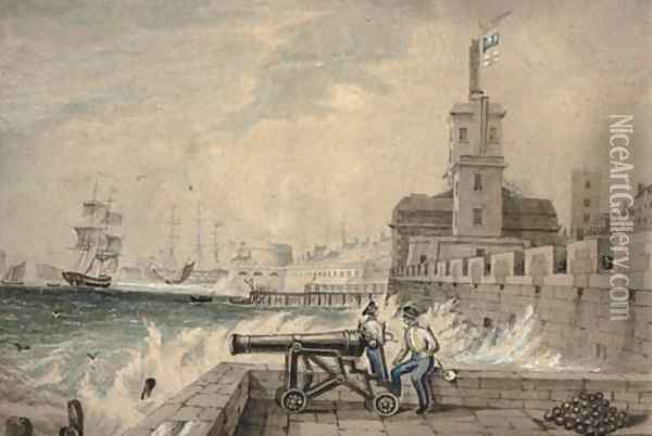 Rowing out to the flagship; and Manning the cannon (illustrated) Oil Painting - Naval School