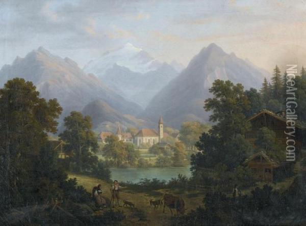 Idyllische Landschaft Mit Bergkulisse Und Dorf Oil Painting - Anton Winterlin