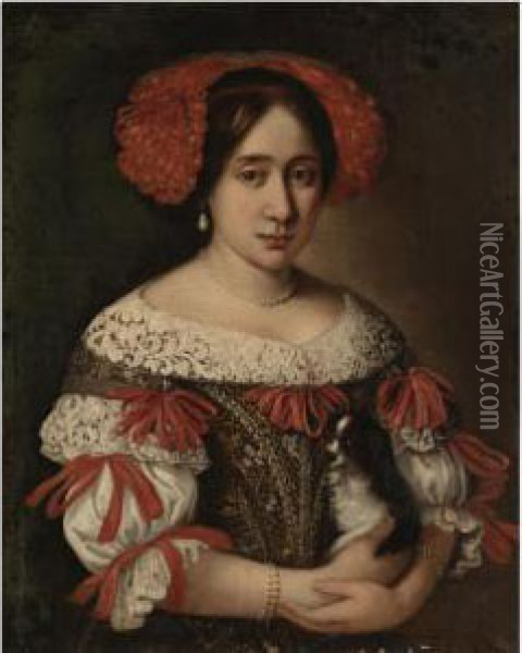 Portrait Of A Lady, Half-length,
 Wearing An Elaborately Embroidered Dress With Red Ribbons And A Red 
Ribboned Headdress And Holding A Dog Oil Painting - Pier Francesco Cittadini Il Milanese