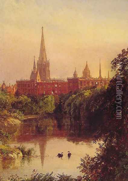A View in Central Park - The Spire of Dr. Hall's Church in the Distance Oil Painting - Jasper Francis Cropsey