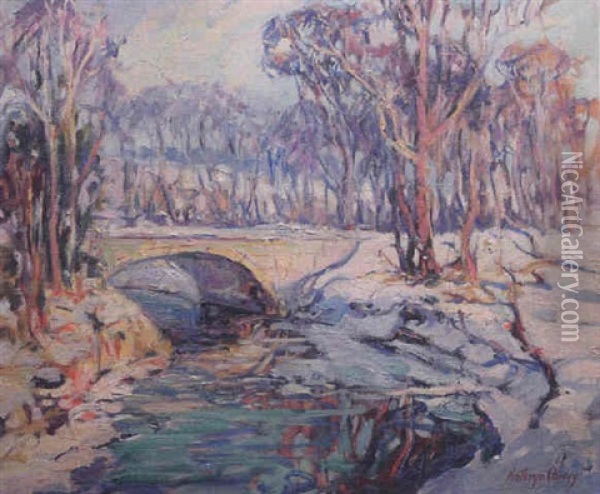 Winter Scene With Bridge Oil Painting - Kathryn E. Bard Cherry
