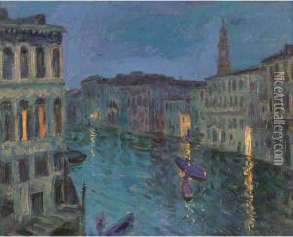 Venise: Canal Grand, Soiree Bleu Minuit Et Orange Oil Painting - William Samuel Horton
