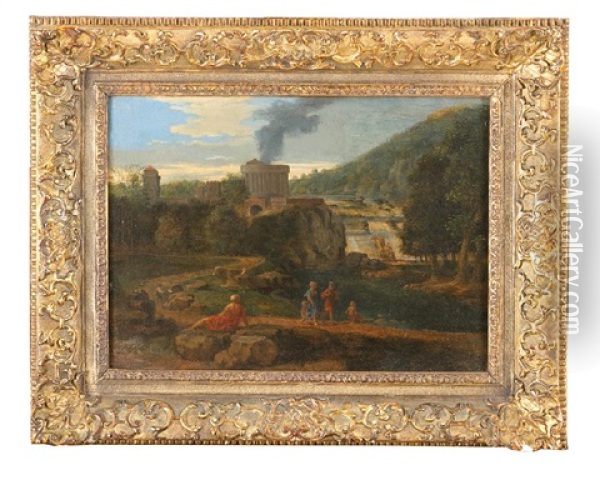 Landscape With Peasants, A Waterfall And Monuments Oil Painting - Nicolas Poussin