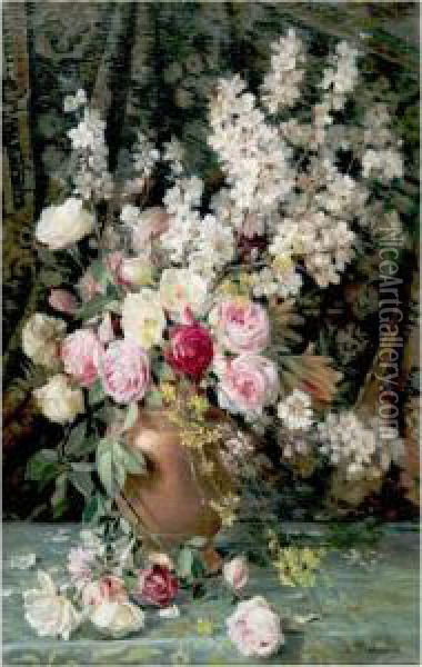 Still Life With Roses And Cherry Blossoms Oil Painting - Licinio Barzanti