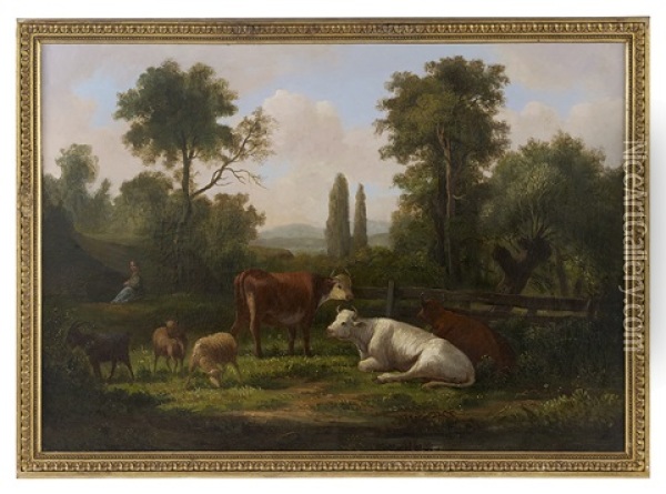 Shepherdess At Rest With Her Herd Oil Painting - Pieter Gerardus Van Os